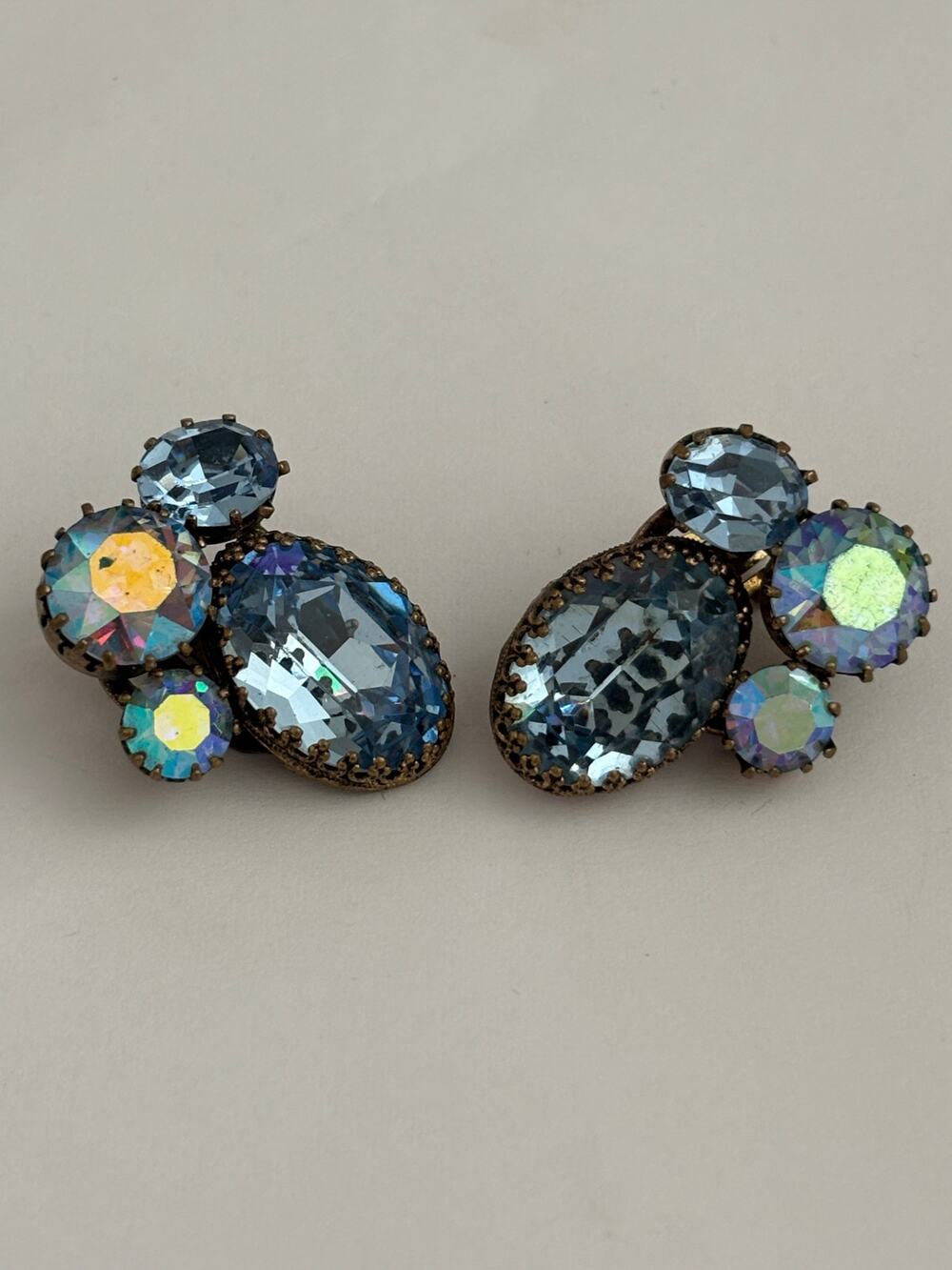 Vintage Blue Rhinestone Clip On Earrings
